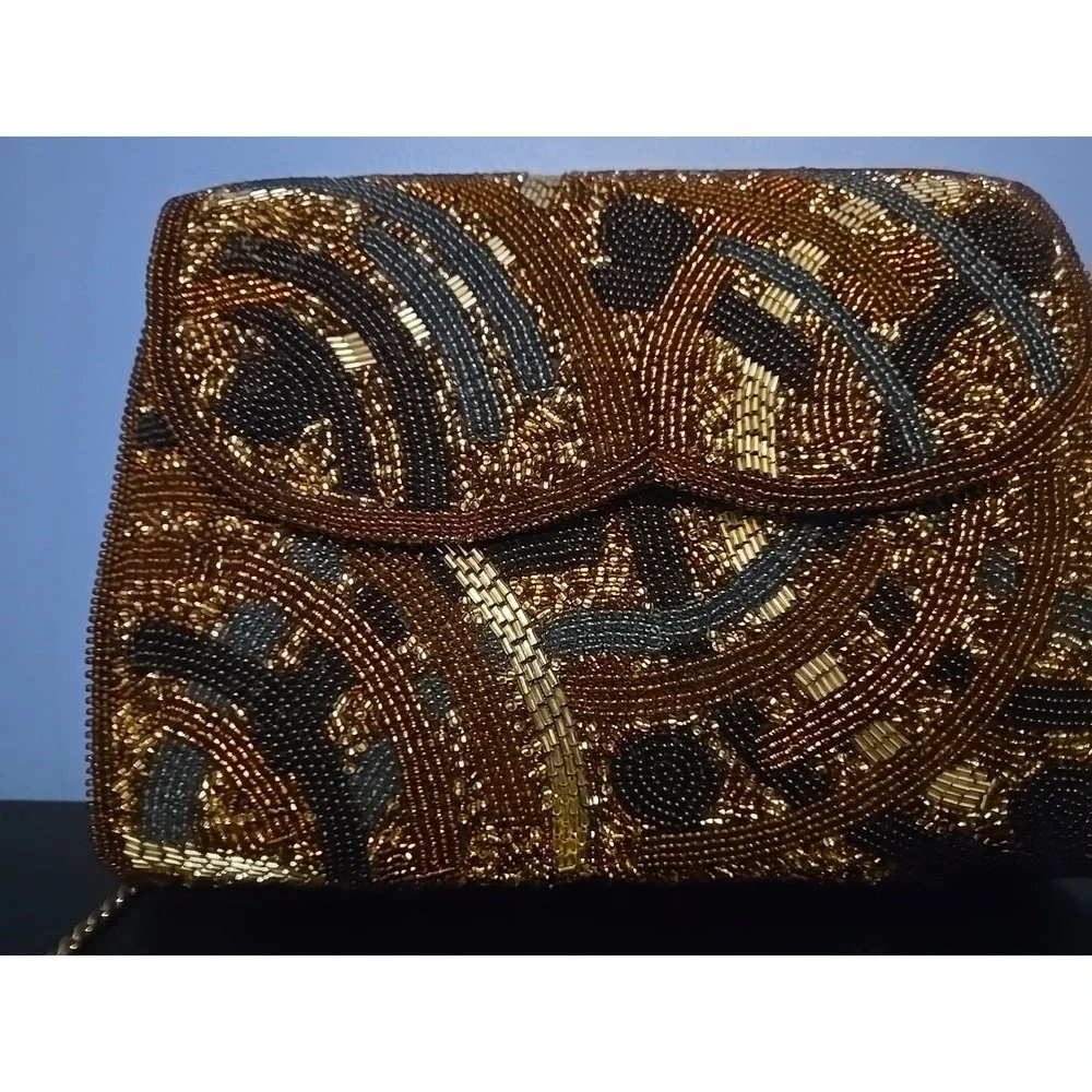 Beaded Evening Bag with Touches of Black Gold and Brown Manetic Closure Japan‎